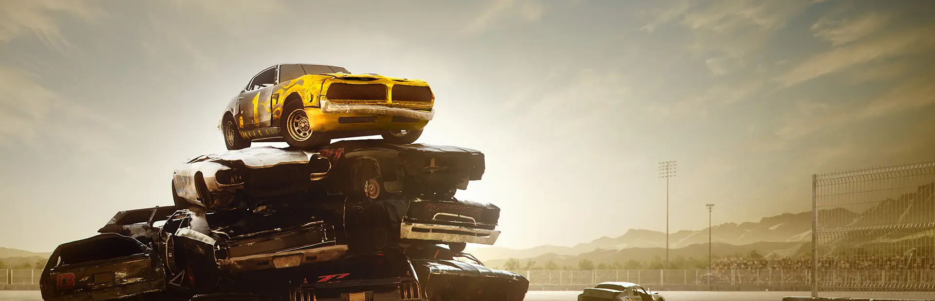Wreckfest server hosting: a battered yellow muscle car sits on top of a stack of wrecked cars in a sunlit dirt arena
