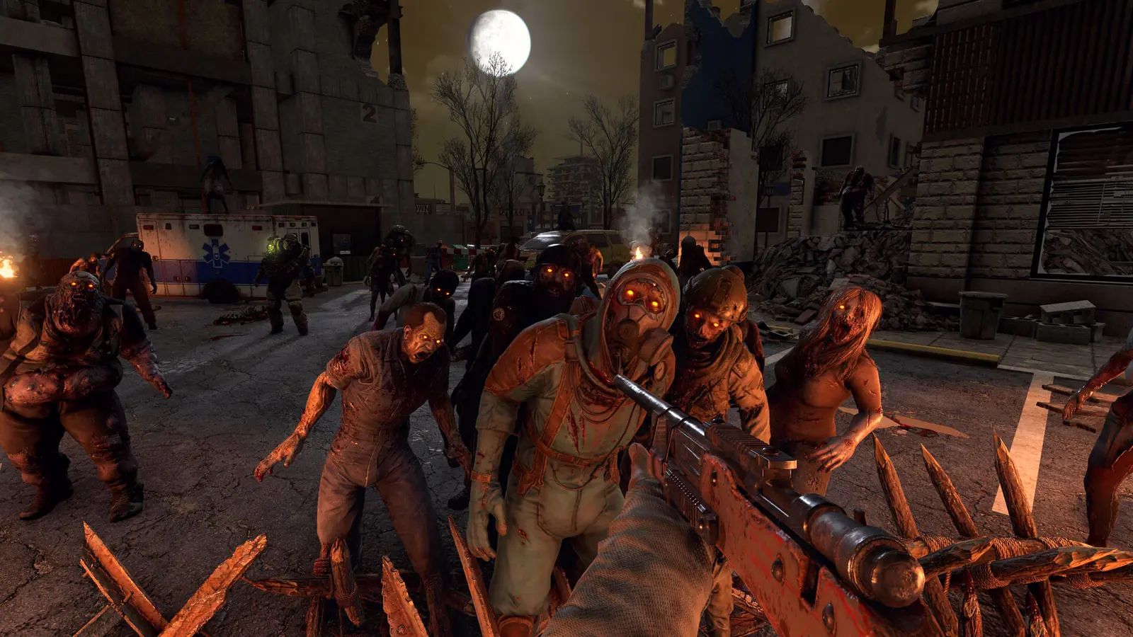 7 Days to Die server setup: a horde of glowing-eyed zombies closes in on a wooden spike barricade under a full moon in a ruined city street