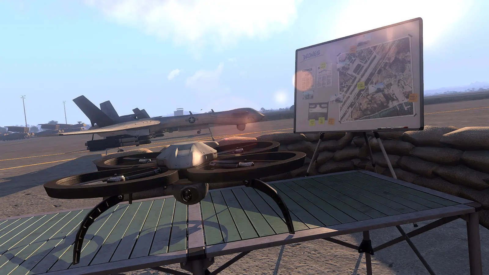 Arma 3 Server Setup: a quadcopter drone rests on a folding table beside a whiteboard briefing map on a sunny airfield, with a UAV parked on the runway behind