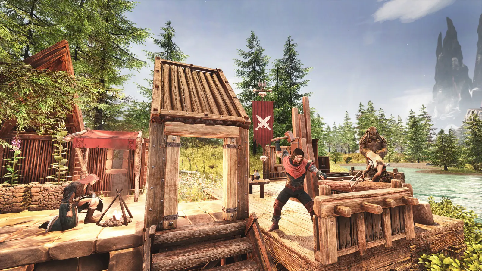 Conan Exiles Server Setup: three exiles build a timber base beside a river, one swinging a hammer, one working at a bench and one kneeling by a campfire under a red clan banner