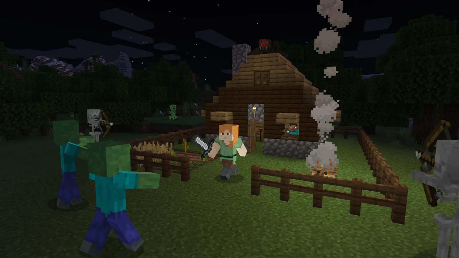 Minecraft server setup: Alex defends a wooden cabin with a sword at night as zombies and skeletons close in, while a friend watches from the window
