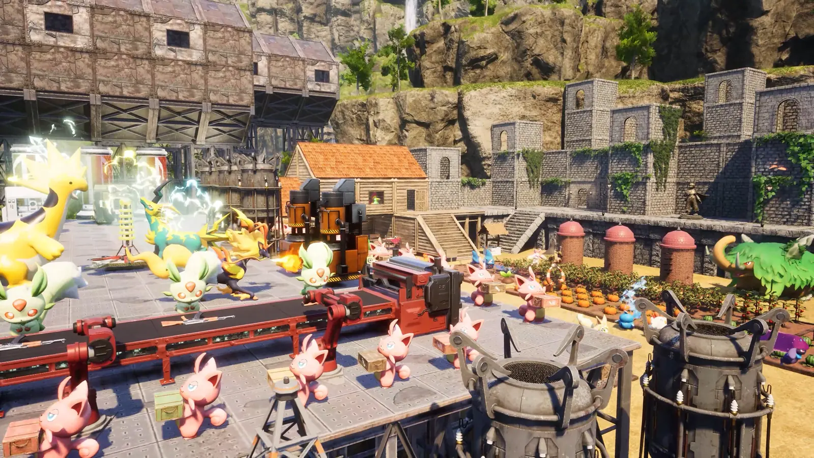 Palworld server setup: Pals carry crates along a conveyor production line and tend pumpkin fields in a busy base beneath stone walls and cliffs