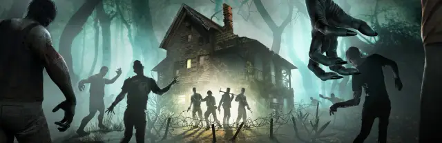 Hosting server 7 Days to Die: sopravvissuti con le asce davanti a una baita illuminata mentre gli zombie avanzano da un bosco buio