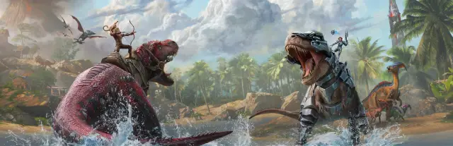 Hosting server ARK: Survival Ascended: sopravvissuti in sella a due T. rex ruggenti che attraversano un fiume nella giungla