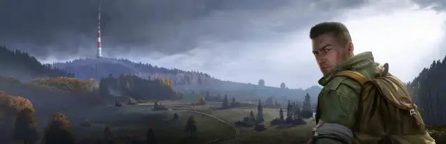 Hosting server DayZ: un sopravvissuto con lo zaino si volta a guardare una valle nebbiosa sotto nuvole di tempesta