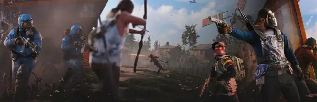 Hosting server Rust: giocatori in uno scontro a fuoco con pistole, fucili e un arco in un villaggio di baracche