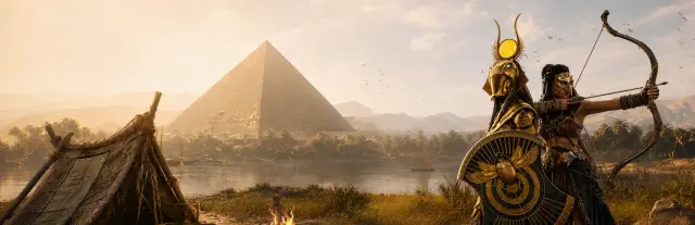 Hosting server Soulmask: guerrieri tribali mascherati, uno con l’arco teso, accanto a una piramide sulla riva di un fiume