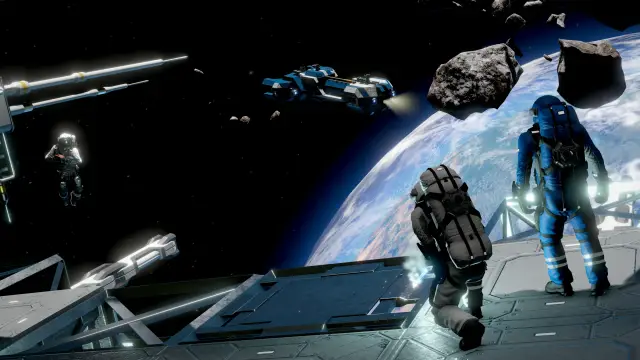 Hosting server Space Engineers: due astronauti sul ponte di una stazione spaziale sopra un pianeta blu, con una nave e alcuni asteroidi