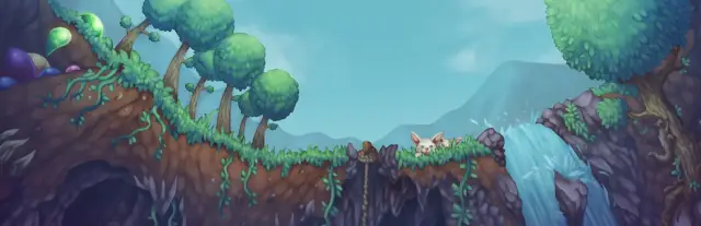 Hosting server Terraria: una scogliera dipinta in mezzo alla foresta, con una cascata e un coniglietto sotto un cielo azzurro