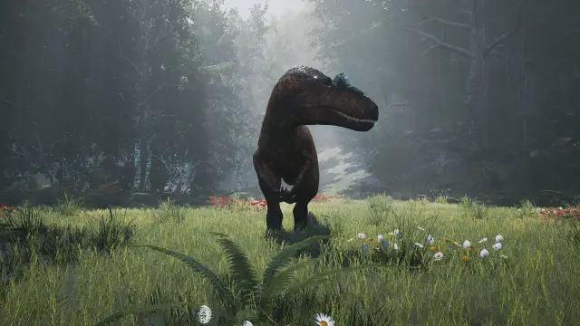 Hosting server The Isle: un grande dinosauro carnivoro in una radura illuminata dal sole, dentro una foresta avvolta dalla nebbia