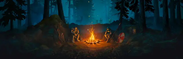 Hosting server Valheim: due vichinghi riposano di notte accanto al fuoco in una fitta pineta